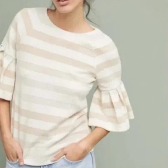 Maeve Women's Cream, Gold & Silver Striped Metallic Flounce Sleeve Blouse Small - Picture 1 of 12